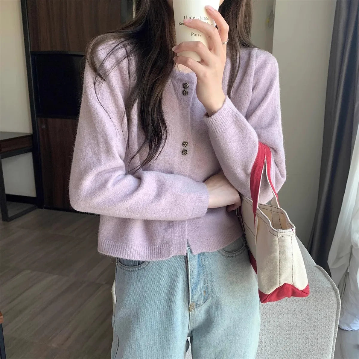 Hnewly  Sweet Short Hollowed Out Sweater Chic Buttons Long Sleeved Knitted  Cardigan Jacket Korean series Round Neck Loose Top