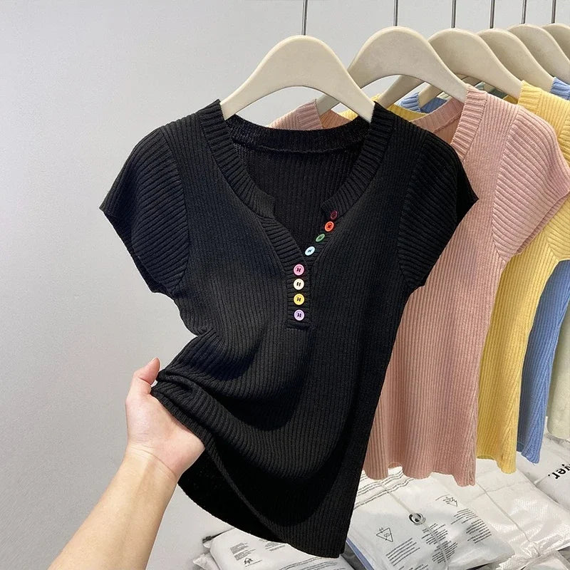 Hnewly  Summer V-Neck Short Sleeve Thin Tshirts Women Pastel Colored Button Knitted T-Shirts Teen-girl Stretch Fitted Tees Y2K Clothing