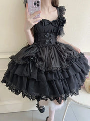 Hnewly  Original Design New Summer Lolita Dress Women's Sweet Flower Wedding Lace Bowknot JSK Sling Dress Black and White Princess