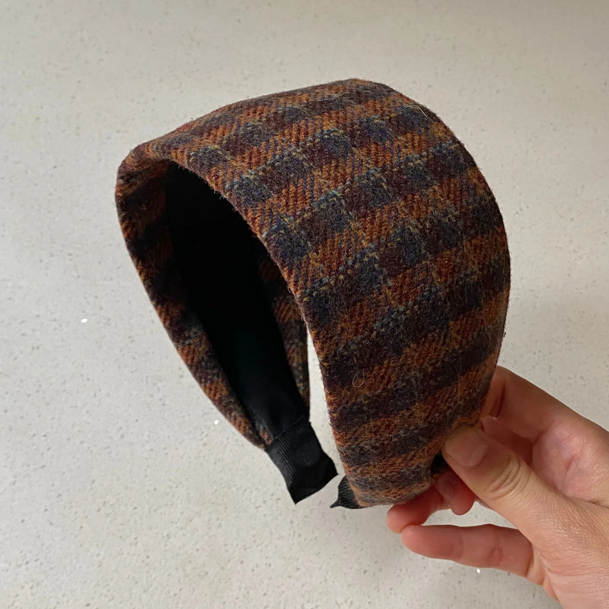 Hnewly  1pc High-Quality Brown Woolen Thickened Fabric Hairband - Orange-Toned Retro Plaid Extra-Wide Style for Autumn & Winter, Hairban