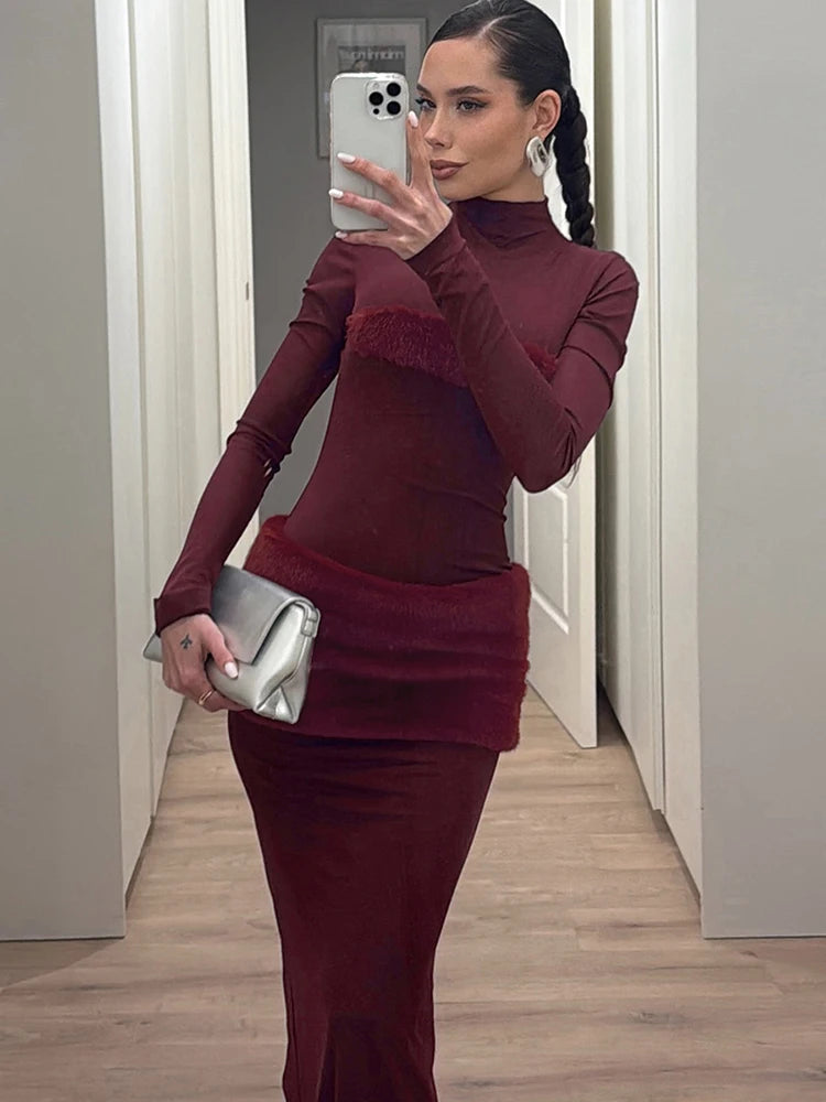 Hnewly  Cutenwe Sexy Fur Patchwork Dress Woman Chest Wrap Spring Trend Mesh Long Sleeve Clubwear Midnight Party Elegant Vestidos