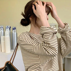 Hnewly  Coffee Stripes Cotton T-Shirts Women Loose Spring Autumn 2023 Lady Casual Full Sleeve O-Neck Chic All Match Tops