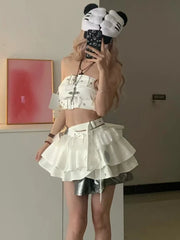 Hnewly  Summer New Patchwork 2-piece Set Women Design Y2k Sexy Slim Off Shoulder Tops + Vintage High-waist Lace Irregular Skirt Set