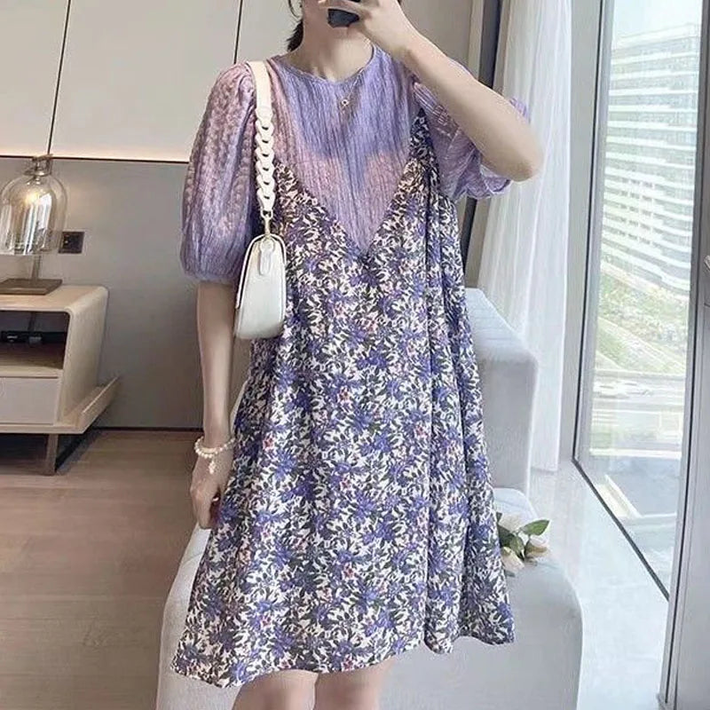 Hnewly  Women's Casual Korean Fake Two Pieces Printed Dress Summer Loose Fashion Round Neck Patchwork Chiffon Dresses Female Clothing