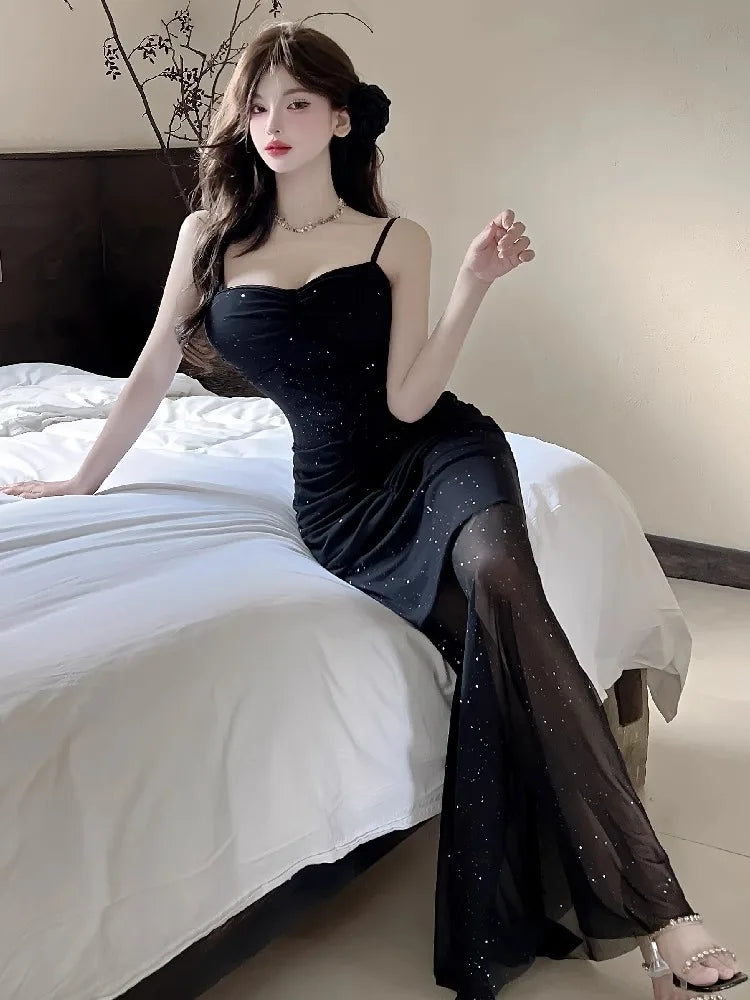Hnewly  Women Dresses Sleeveless Mesh Patchwork Elegant Slash Neck Sexy Fashion Mermaid Dress Party Female French Style