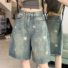 Hnewly  Star Pattern Y2K Denim Shorts Women Streetwear High Waisted Wash Knee Length Jeans Woman Summer Wide Leg Shorts Female