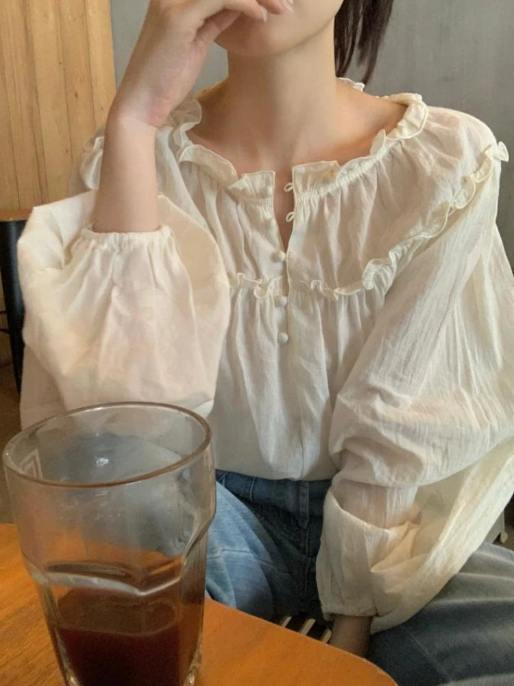 Hnewly Women Casual Chic Puff Sleeve Loose Elegant Spring Retro All-match Kawaii Ladies Summer New Solid Korean Style Button