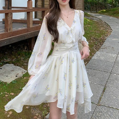 Hnewly  Print Floral Women Dresses Lantern Sleeve V Neck Ruffles Vestidos Mujer Korean Fashion Sweet Elegant Mini Dress