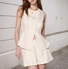 Hnewly  Women's Versatile Vest Shorts Set Sleeveless Button Front Vest and Pleated Shorts Cute Minimalist Two Pieces Set