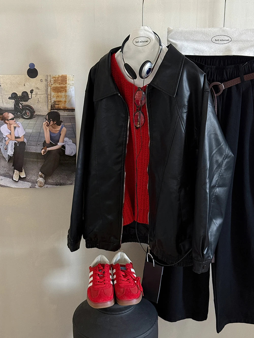 Hnewly  Retro Chic pu Leather Jacket Women's 2025 Spring Autumn Fashion Lapel Versatile Windproof Sweet&Cool BF Style Female Outerwear