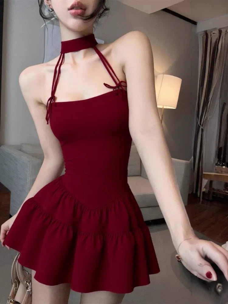 Hnewly  Woman Dress Sexy Sleeveless Halter Bow Backless Slim Summer Fashion Elegant Party Mini Dresses Clubwear Ladies Chic
