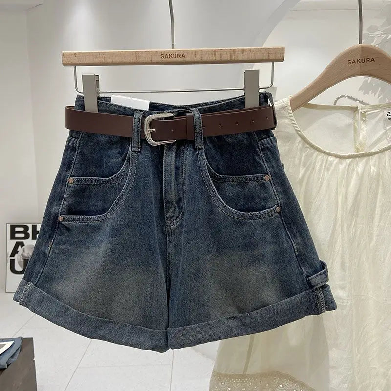 Hnewly  New Retro Rolled Denim Shorts 2025 Women's High Waisted Loose Straight Leg A-line Wide Leg Pants Chic Pocket Hot Jean Pants
