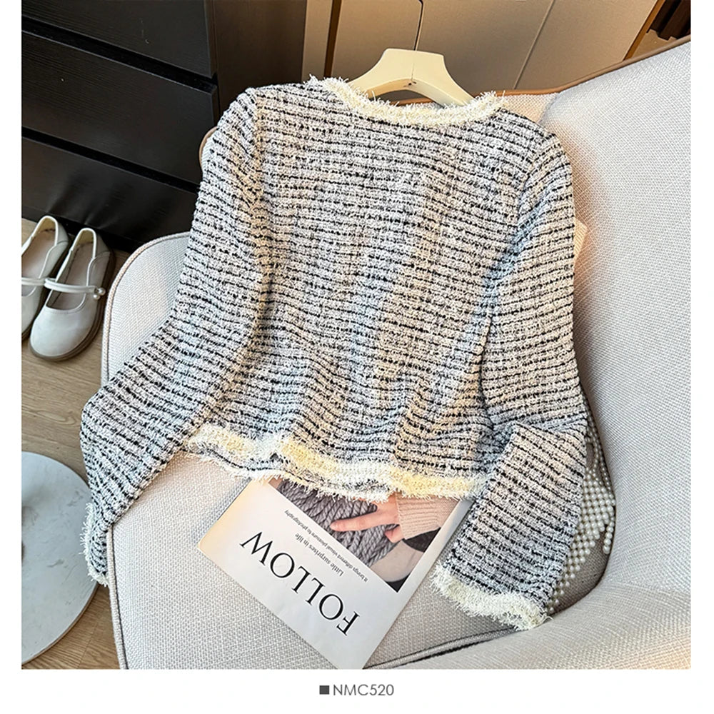 Hnewly  Fashion Sweet Tweed Jacket Women 2025 Autumn New Luxury Single-breasted Short Coats O-Neck Long Sleeve Elegant Female Outwear