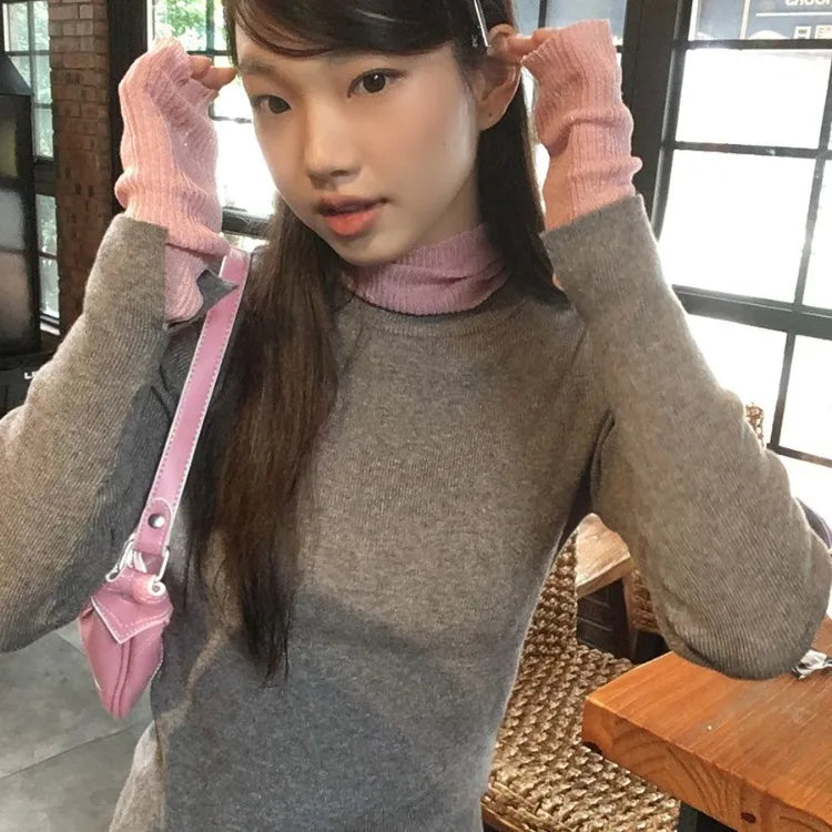 Hnewly Vintage Fake Two Piece Knitted Tops Mujer 2025 Autumn Winter Half-high Collar T-shirt for Women Y2k Slim Fit Long Sleeve Tees