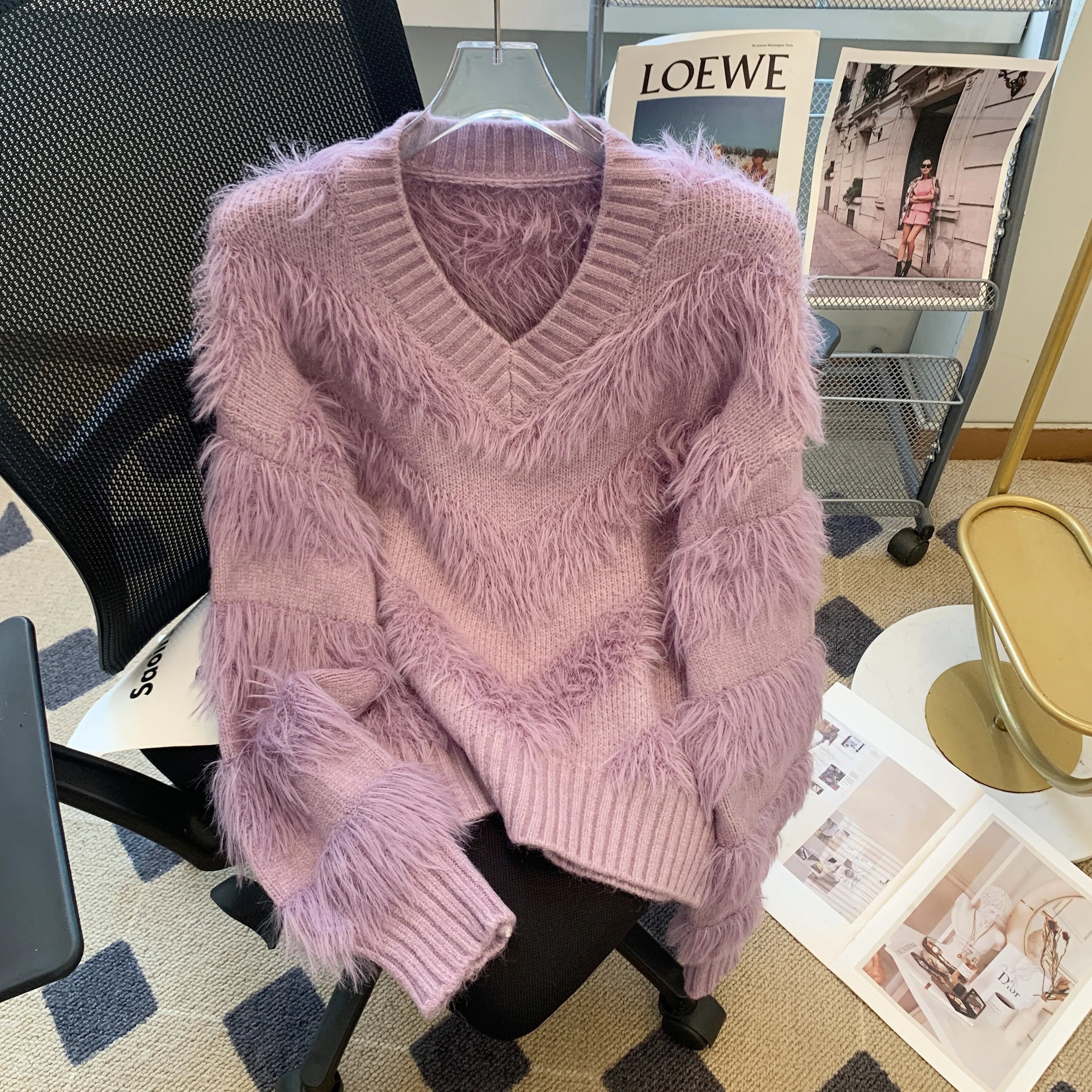 Hnewly  Imitate Mink Sweater for Women's Spring Autumn New Loose Long Sleeved Pullover Knitted Top Korean Slim V-neck Short Sweaters