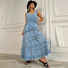 Hnewly  Loose Ruffles Edging Denim Long Dress Women Casual V-neck Sleeveless Female Cake Dresses Summer Lady Fashion Vacation Robe