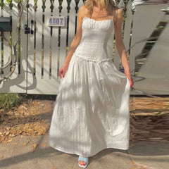 Hnewly  Women Y2K Maxi Dress Elegent Spaghetti Strap Square Neck Pleated Front Flowy Long Dress Summer Backless Ruched Ruffle Hem Dress