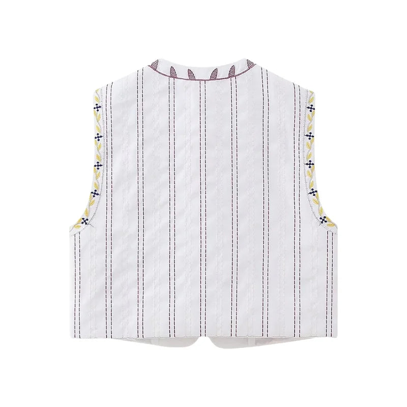 Hnewly Waistcoat Vest y2k Clothes Women Boho Embroidery Round Neck Sleeveless Open Front Jacket Tops 2000s Clothing Streetwear