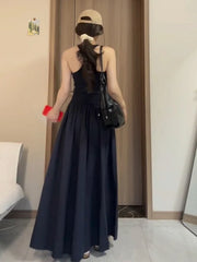 Hnewly  Blue Svel Maxi Dr Women's Summer Beach Vaion High Waist A-Line Gown Korean mat Sle Casual Long Dr