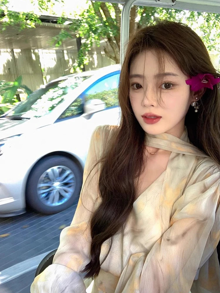 Hnewly Summer Casual Temperament Party Dress Long Sleeve Puff Sleeve V-Neck Yellow Floral Dress Vintage Slim Fit Korean Dress