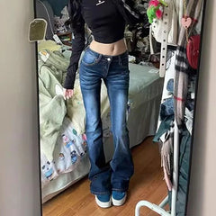 Hnewly  Y2K Streetwear Low-Waisted Jeans Women Korean Fashion Slimming Denim Flares Pants Woman Autumn Winter Vintage Long Trousers