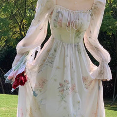 Hnewly  Spring Summer Long Sleeve Chiffon Dress Women Elegant Fairy Forest Style Soft Aesthetic Casual Long Maxi Dress