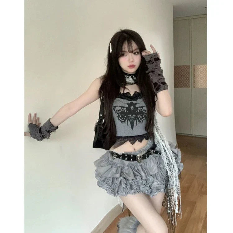 Hnewly Fashion Sweet Lace Slim Fit Camisole Tops Women+ Y2k Kpop High Waist Ruched Cake Skirts 2025 Summer New Two Piece Sets