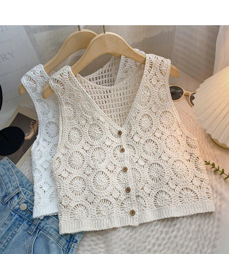 Hnewly Women Summer Hollow Out Knit Vest French Style V-Neck Sleeveless Hooked Flower Sweater 2023 New All-Match Outwear Short Top