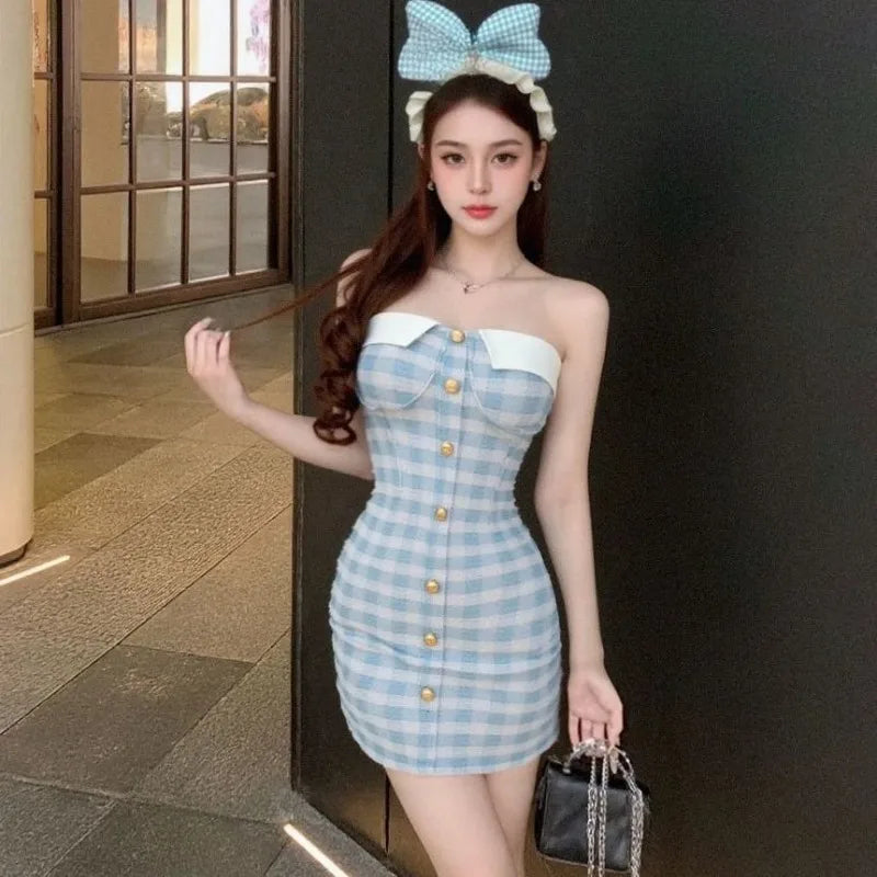 Hnewly  Elegant Fashion Plaid Dresses Women Strapless Sexy Slim Backless Button Summer New Party Mini Dress Clubwear Female
