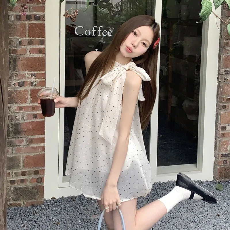 Hnewly  Bow Halter Lace Up Blouses Women Polka Dot Korean Tender Princess Style Sleeveless Tops Summer New Design Students Sweet Girls