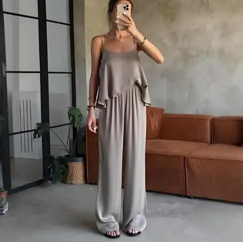 Hnewly  Autumn New Solid Color Sleeveless Cami Top & Wide - Leg Trousers Set, Comfortable Two - Piece Outfit, Ideal for Lounging