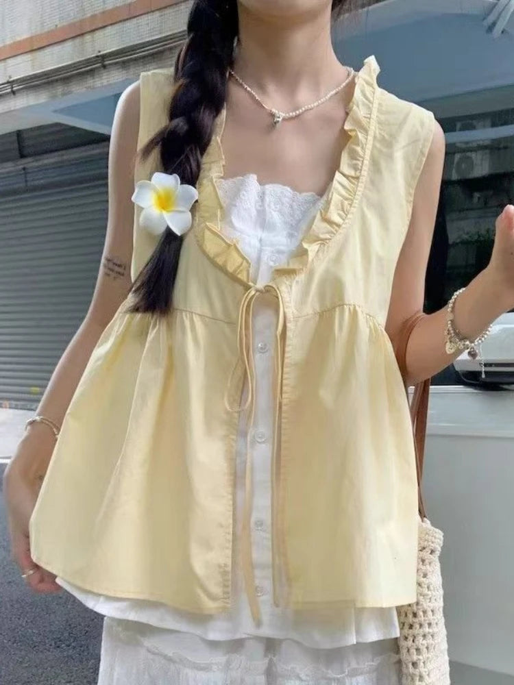 Hnewly  Sweet Casual Loose Fake Two Pieces Tops Women Design Fashion Sleeveless Lace Brief T-Shirts Female Elegant Cute Fairy Clothes