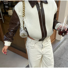 Hnewly  Fashion Knit Patchwork Leather Jacket Women Lapel Full Sleeve Zipper Pockets Contrast Coats Autumn Winter Lady Street Coat