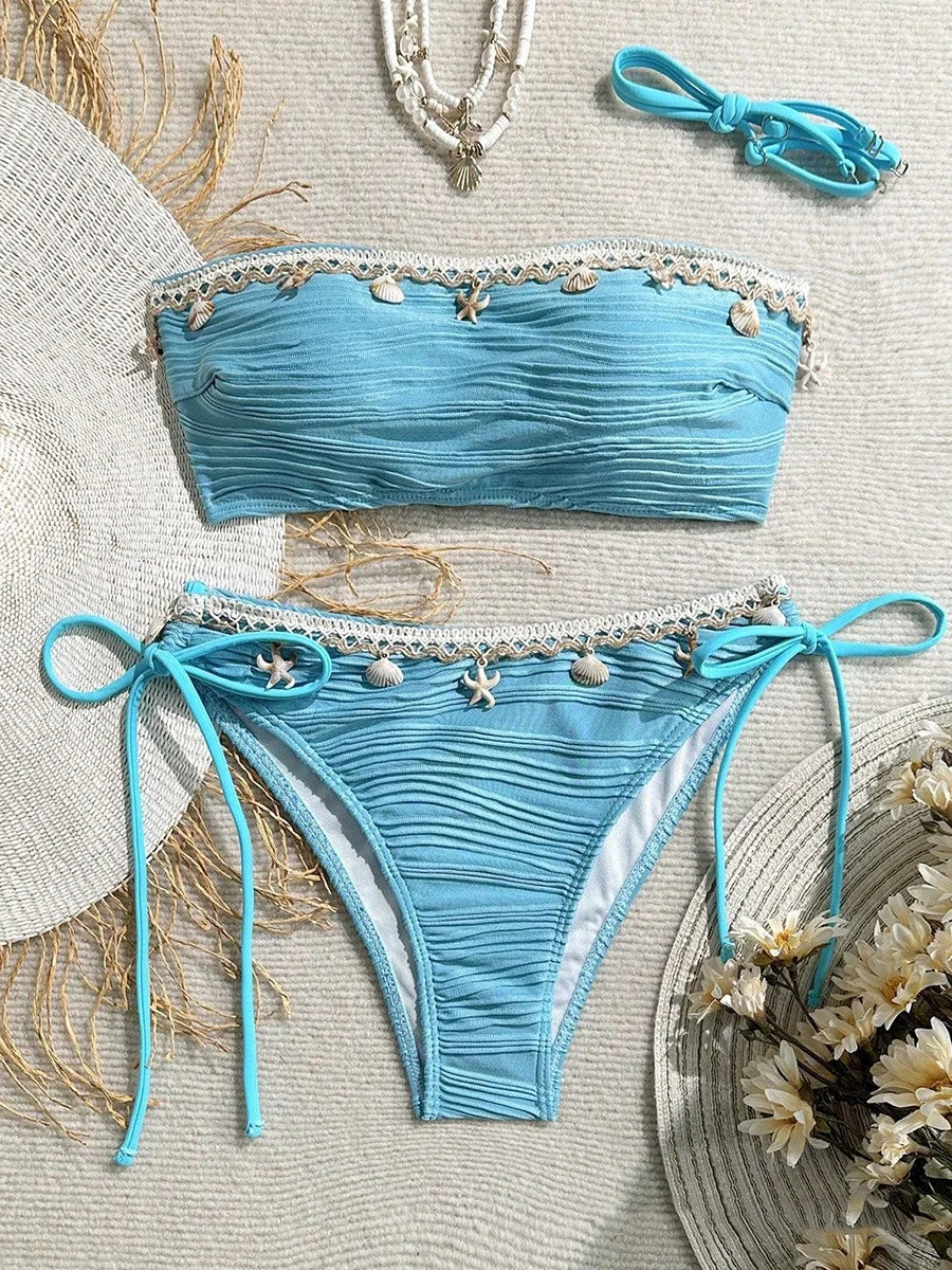 Hnewly  XS - XL Bandeau Wrinkled High Cut Bikini Women Swimwear Female Swimsuit Two-pieces Bikini Set Shell Bather Bathing Suit Swim