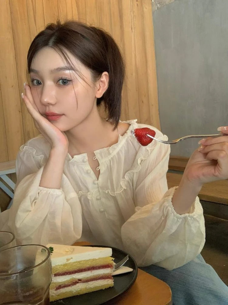 Hnewly Women Casual Chic Puff Sleeve Loose Elegant Spring Retro All-match Kawaii Ladies Summer New Solid Korean Style Button