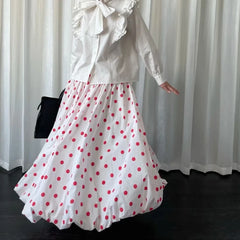 Hnewly  Vintage Sweet Long Skirt Women Elegant Red Polka Dot Maxi Skirts Japanese Style Harajuku High Waist Loose Ruffle Skirts