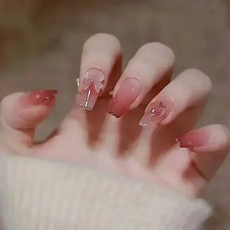 Hnewly 24Pcs False Nails French Gradient Ballet Fake Nails Press on Nails Black Heart Rhinestone Design Glitter Full Cover Nail Tips