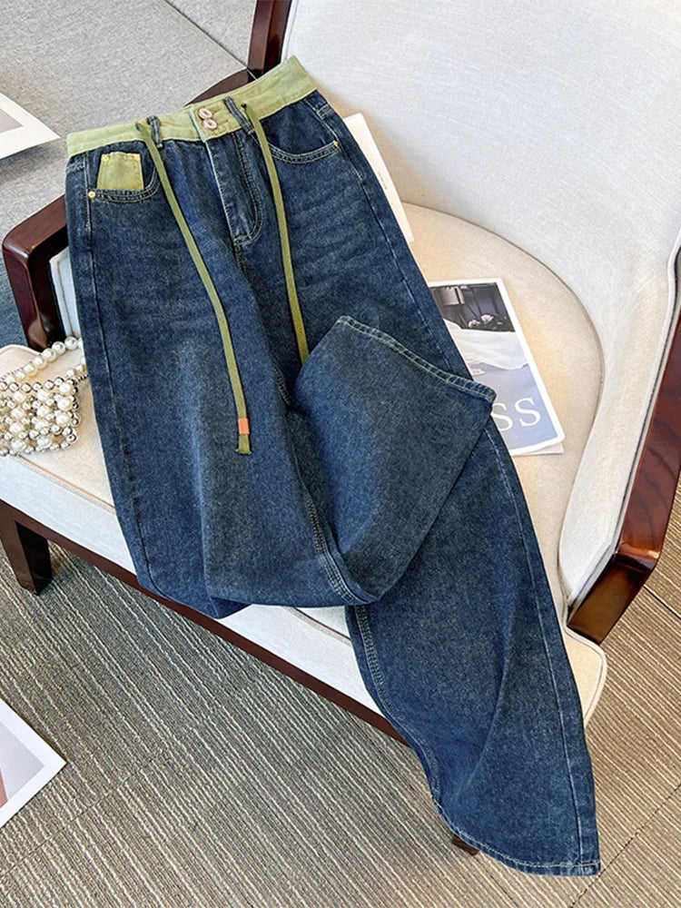 Hnewly  Large Size High Waist Jeans  Women  New Autumn Loose Drawstring Wide Leg Pant Fashion Splice Versatile Straight Leg Denim Pants