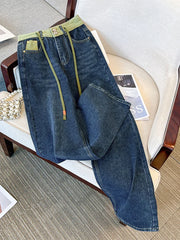 Hnewly  Large Size High Waist Jeans  Women  New Autumn Loose Drawstring Wide Leg Pant Fashion Splice Versatile Straight Leg Denim Pants