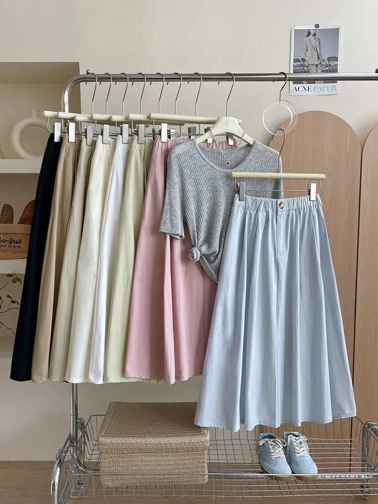 Hnewly Korean style Women Spring Summer Cotton Skirts Solid Casual Elastic Waist Preppy Style Elegant A-Line Midi Pleated Skirt