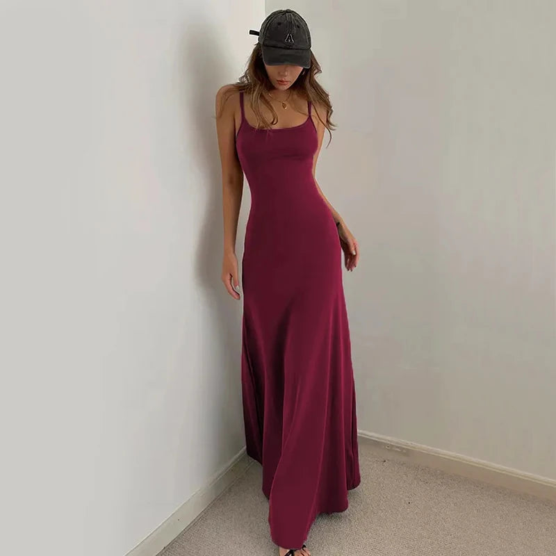 Hnewly Summer Autumn Bodycon Women Dress Sexy Spaghetti Strap Sleeveless Solid Floor Length Dress Fashion Elegant Party Night Vestidos