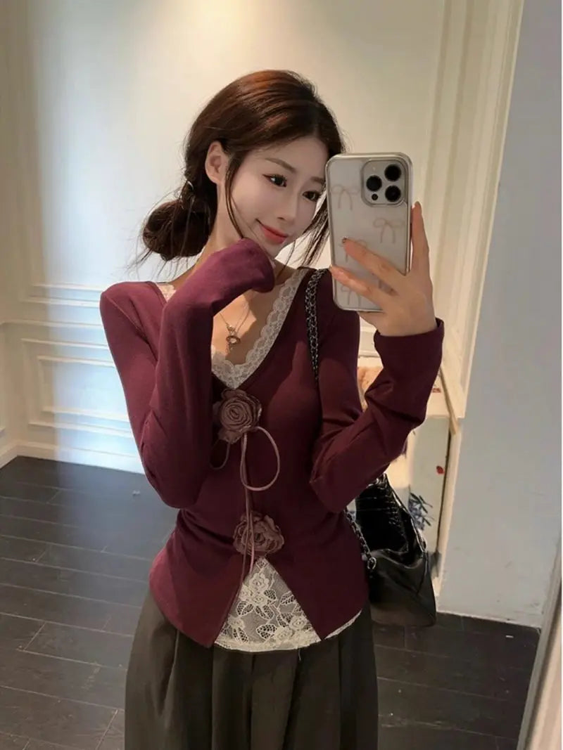 Hnewly  Lace Patchwork V-neck 3D Flower T-shirt for Women 2025 New Slim Waist Bottoming Tops Mujer Y2k Long Sleeve Tee Shirt