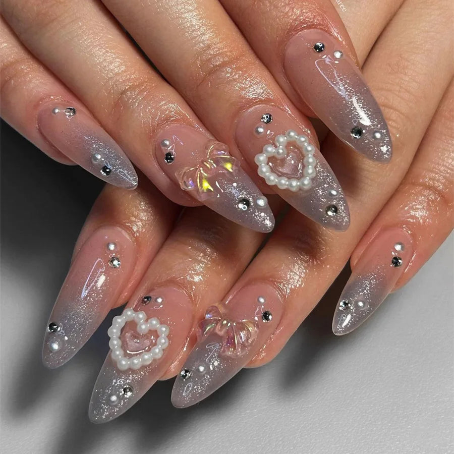 Hnewly 24Pcs Elegant Black Almond Press-On Nail With Pearl Heart&Bow Accents-Glossy Finish Short Length Removable False Nails For Women