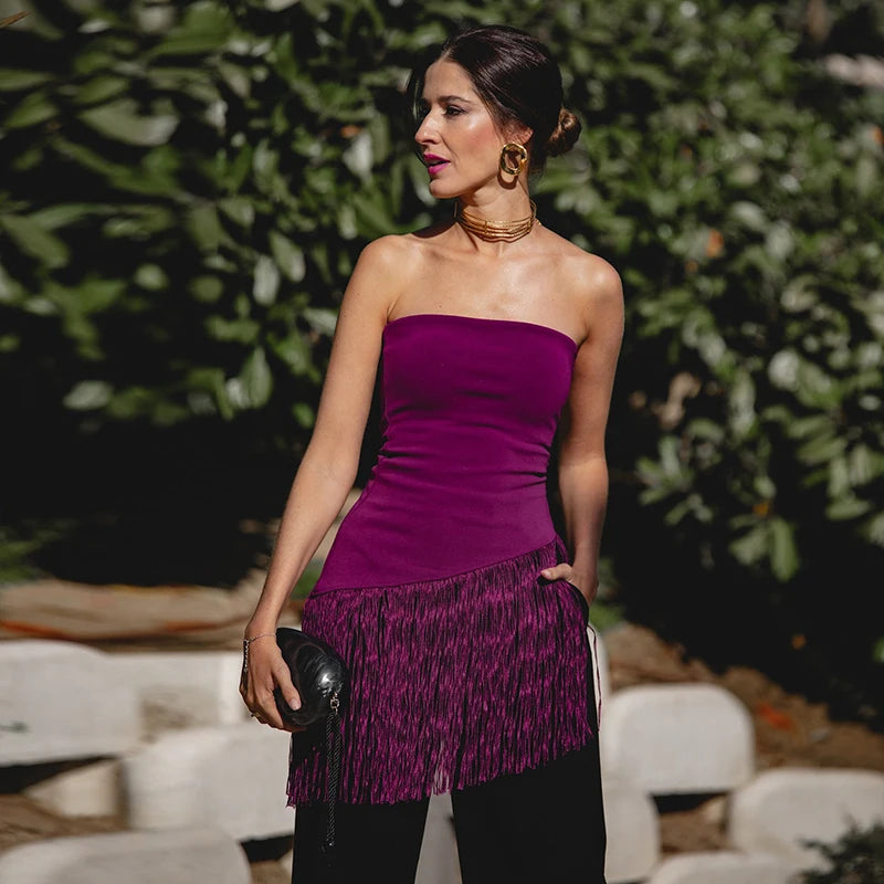 Hnewly  Sexy Knit Tassels Patchwork Asymmetric Vests Slim Strapless Sleeveless Backless Tube Tops Spring Lady Beach Camisole