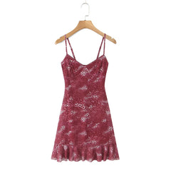 Lunivop  Sexy Animal Leopard Mesh Spliced Lace V neck Sling Dress Women Skinny Slim Waist Ruffles Hem Short Dresses Robe Vestidos