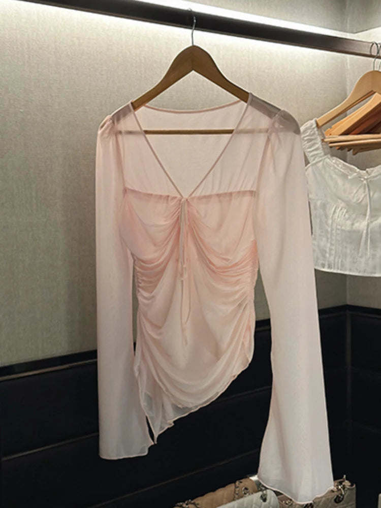 Hnewly Elegant Chiffon Lace Thin Blouse Women Casual Office Lady Beach Style Shirts Outwear Tops Korean Fashion Summer Chic V-Neck