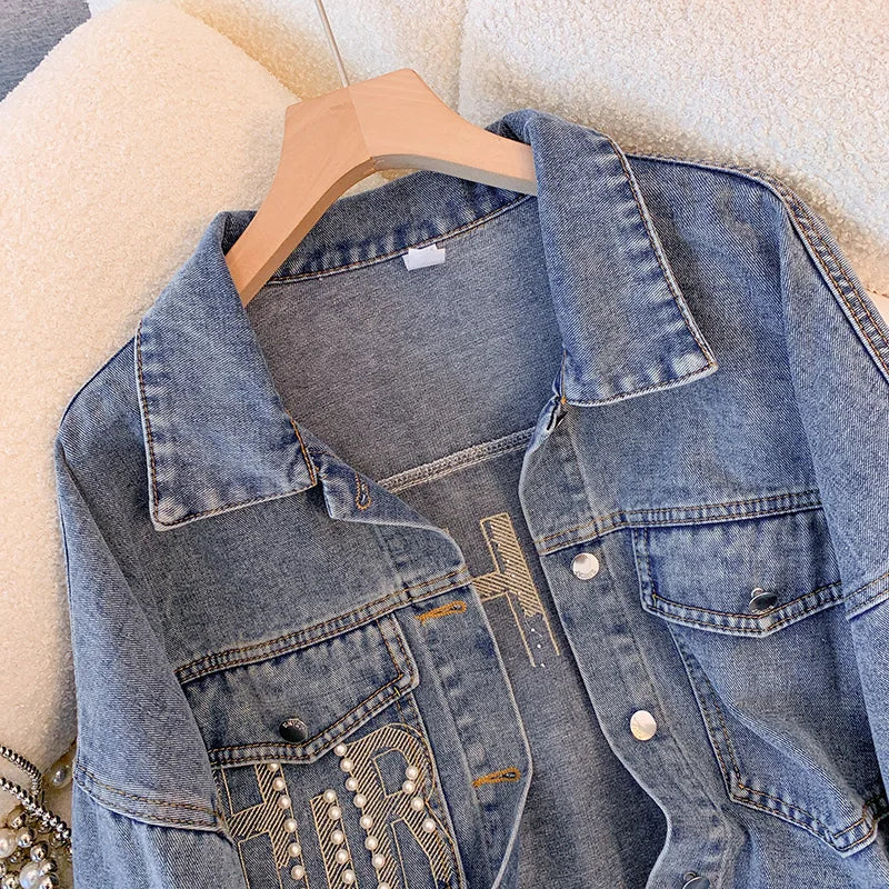 Hnewly  Nail Bead Denim Jacket For Women's Spring Autumn 2025 New Style Loose Versatile Long Sleeved  Turndown Collar Coat Top