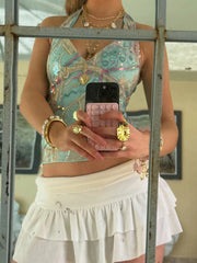 Hnewly Fashion Indie Folk Style Sequined Skinny Women Halter Tops V-Neck Backless Hottie Y2k Chic Sexy Blouses