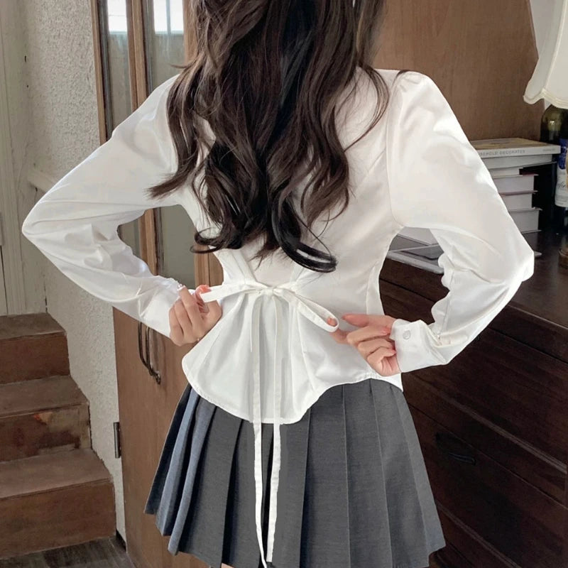 Hnewly Preppy Style White Shirts Women Hotsweet Spring Back Bandage Solid Korean Fashion Temperament All-match Sexy Casual Minimalist