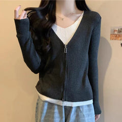 Hnewly  Fashion False Two Pieces Sweater Women Spring Autumn Mix Color V-Neck Knitted Jumpers Woman Slim Long Sleeve Pullovers Mujer